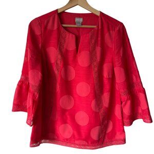 Chico's Sz 0/ US Sm Popover Tunic Blouse Coral Polka Dot Lace 3/4 Bell Sleeve